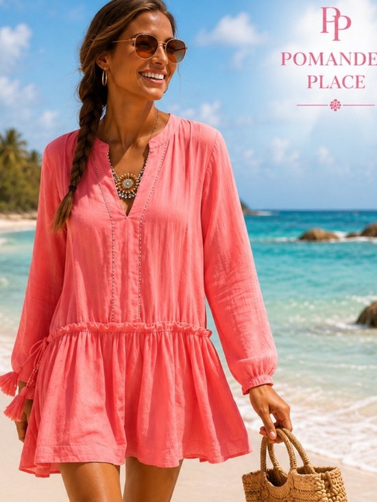 Pomander Place Dresses & Skirts - Pomander Place Ophelia Dress XL Pink Cotton Gauze Beaded Mini Cover Up Lined